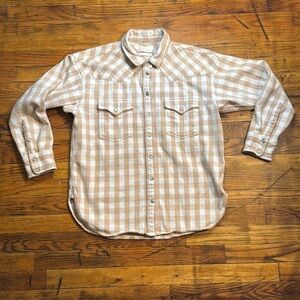 J. CREW Women's Relaxed Fit Shirt Jacket Pearl Snap‎ Buttons Tan Cream Plaid 6